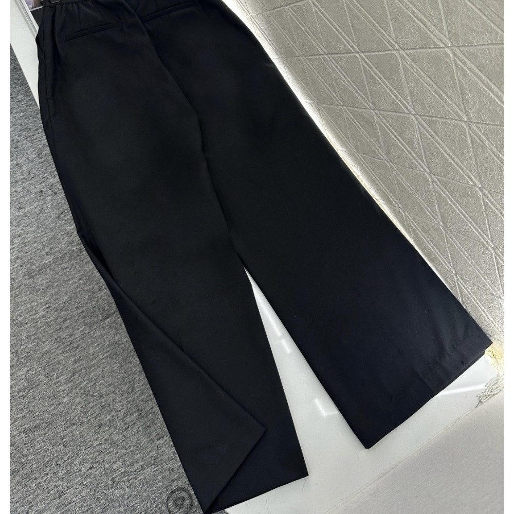 High-Waisted Wool Suit Trousers with Letter-Print Webbing – Slim Pleated Hem, Soft Fine Wool Pants