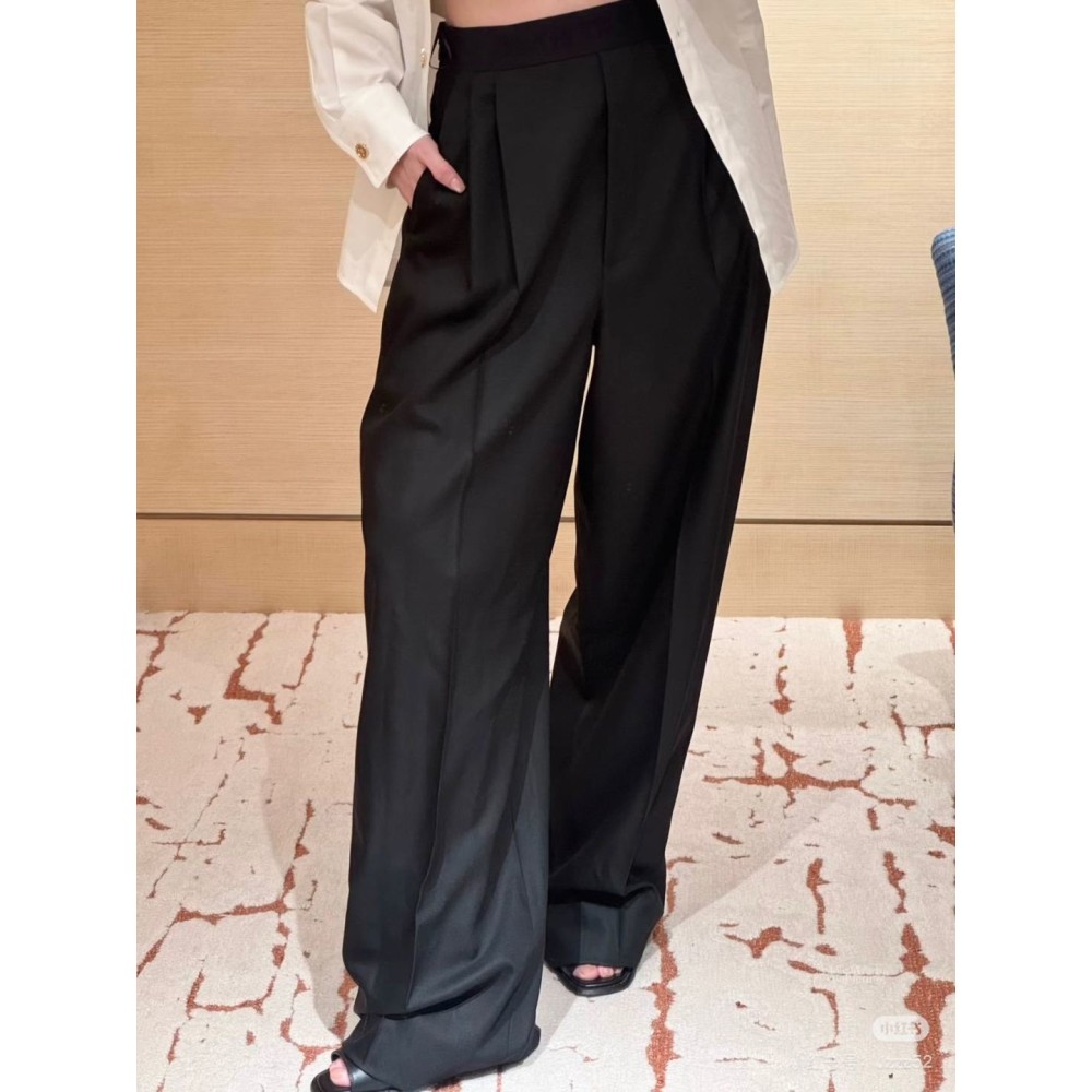 Pantaloni da Tailleur in Lana a Vita Alta con Fascia Stampata – Orlo Pieghettato Slim, Lana Pregiata Morbida