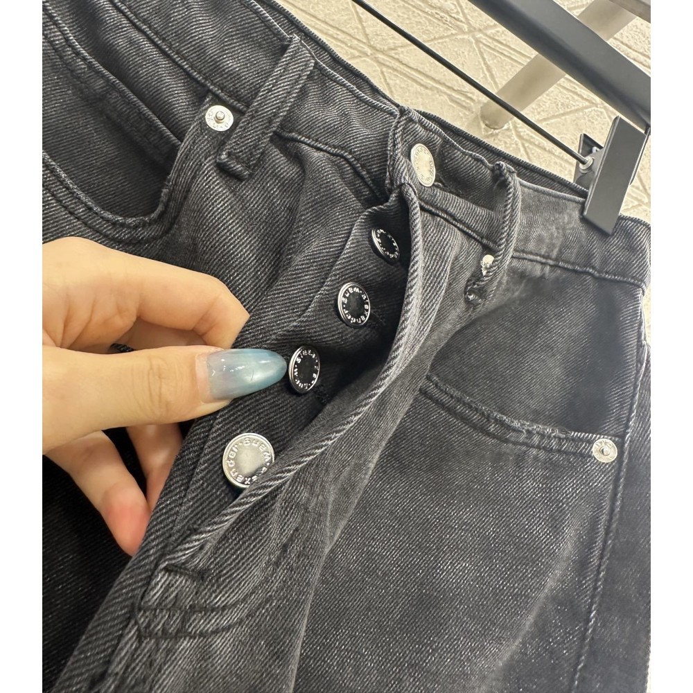 High-Waisted Rhinestone Pleated Curved-Leg Jeans – Distressed Wide-Leg Twill Denim Pants