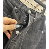High-Waisted Rhinestone Pleated Curved-Leg Jeans – Distressed Wide-Leg Twill Denim Pants