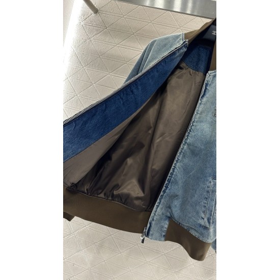 Blocked Ribbed Zip-Up Denim Cotton Jacket | Enzyme-Washed Gradient Casual Jacket