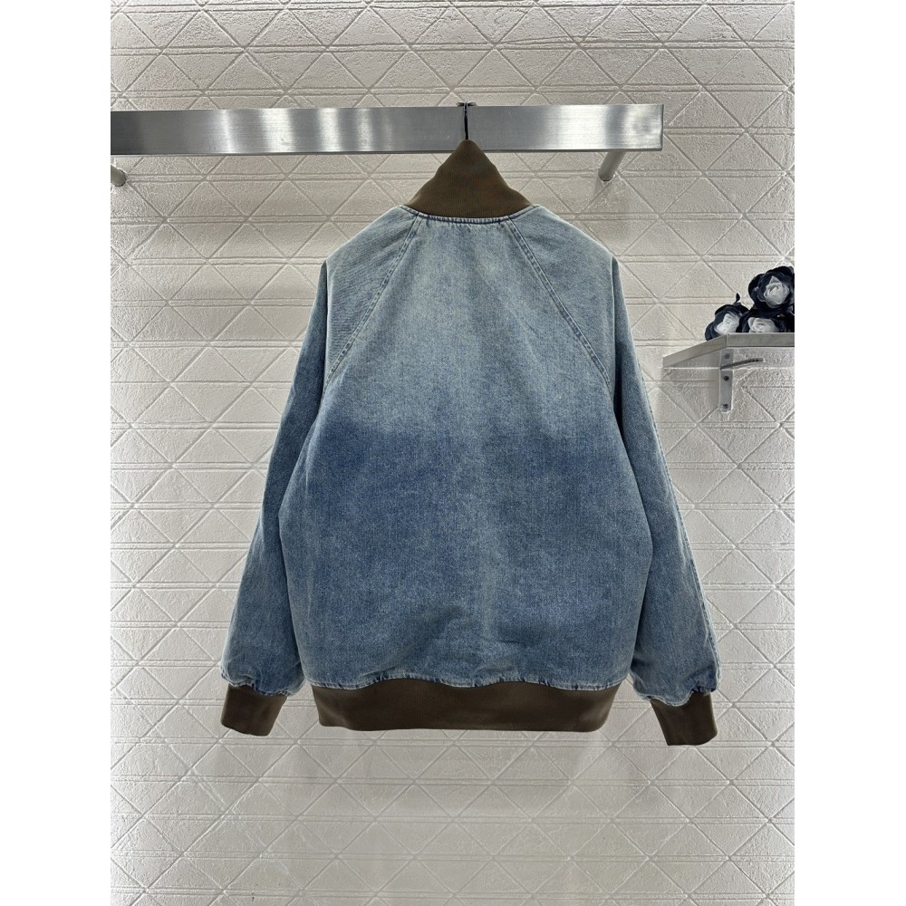 Giacca in Denim di Cotone con Zip e Bordi a Coste | Effetto Sfumato Lavato agli Enzimi