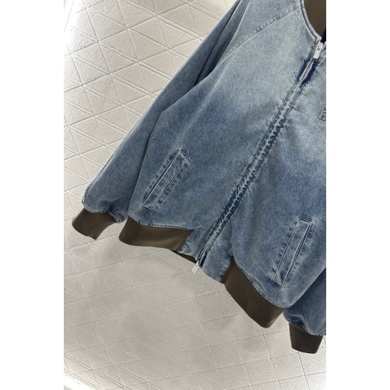 Giacca in Denim di Cotone con Zip e Bordi a Coste | Effetto Sfumato Lavato agli Enzimi