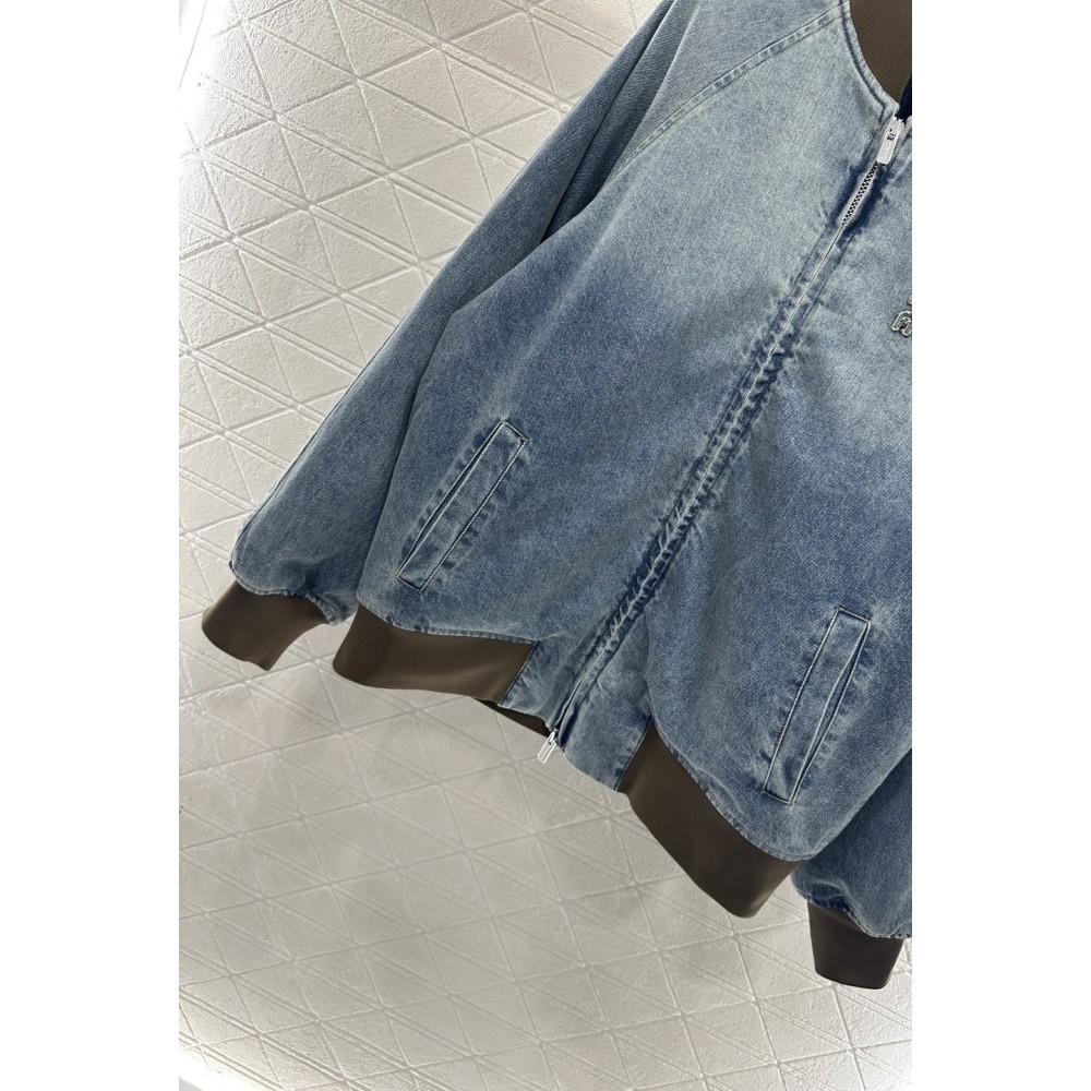 Giacca in Denim di Cotone con Zip e Bordi a Coste | Effetto Sfumato Lavato agli Enzimi