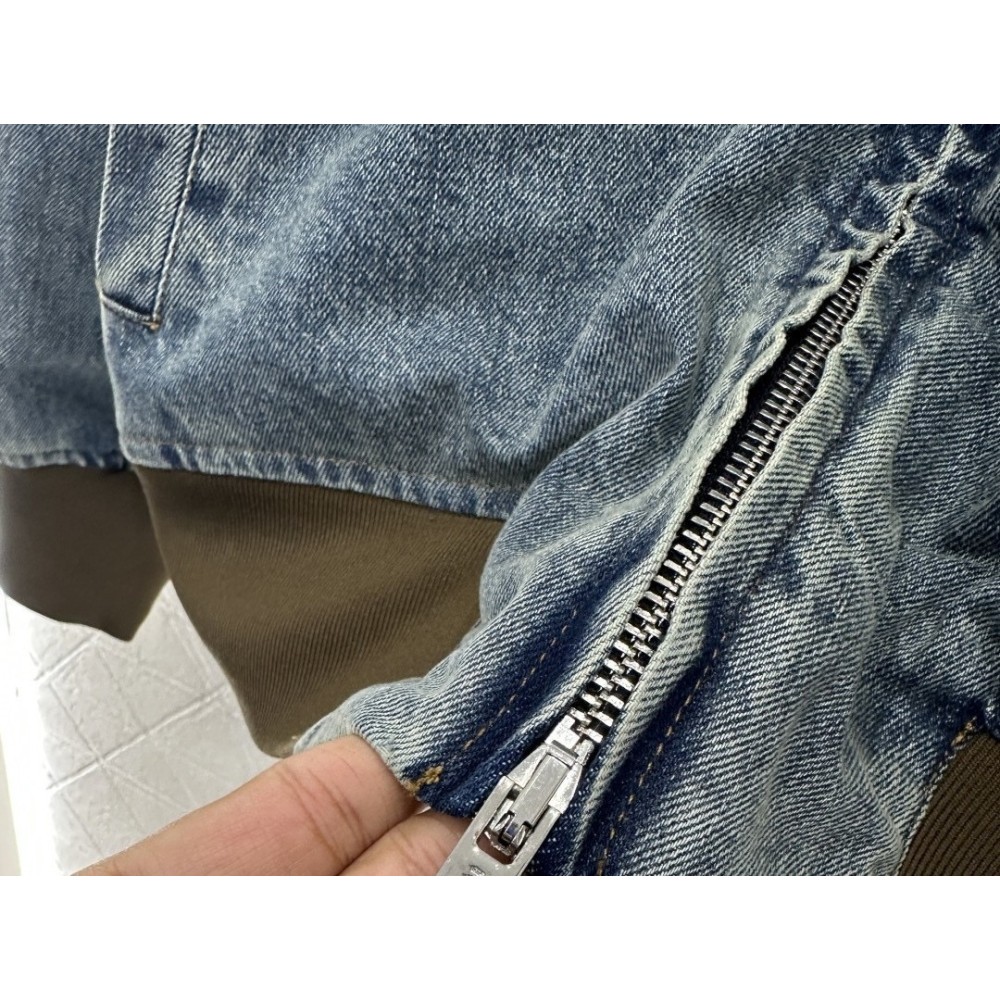 Blocked Ribbed Zip-Up Denim Cotton Jacket | Enzyme-Washed Gradient Casual Jacket