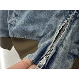 Blocked Ribbed Zip-Up Denim Cotton Jacket | Enzyme-Washed Gradient Casual Jacket