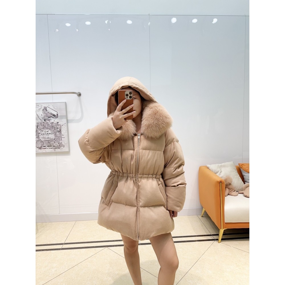 Luxe Wool Cashmere Goose Down Coat with Fox Fur Collar and Gloves