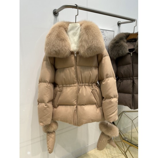 Luxe Wool Cashmere Goose Down Coat with Fox Fur Collar and Gloves