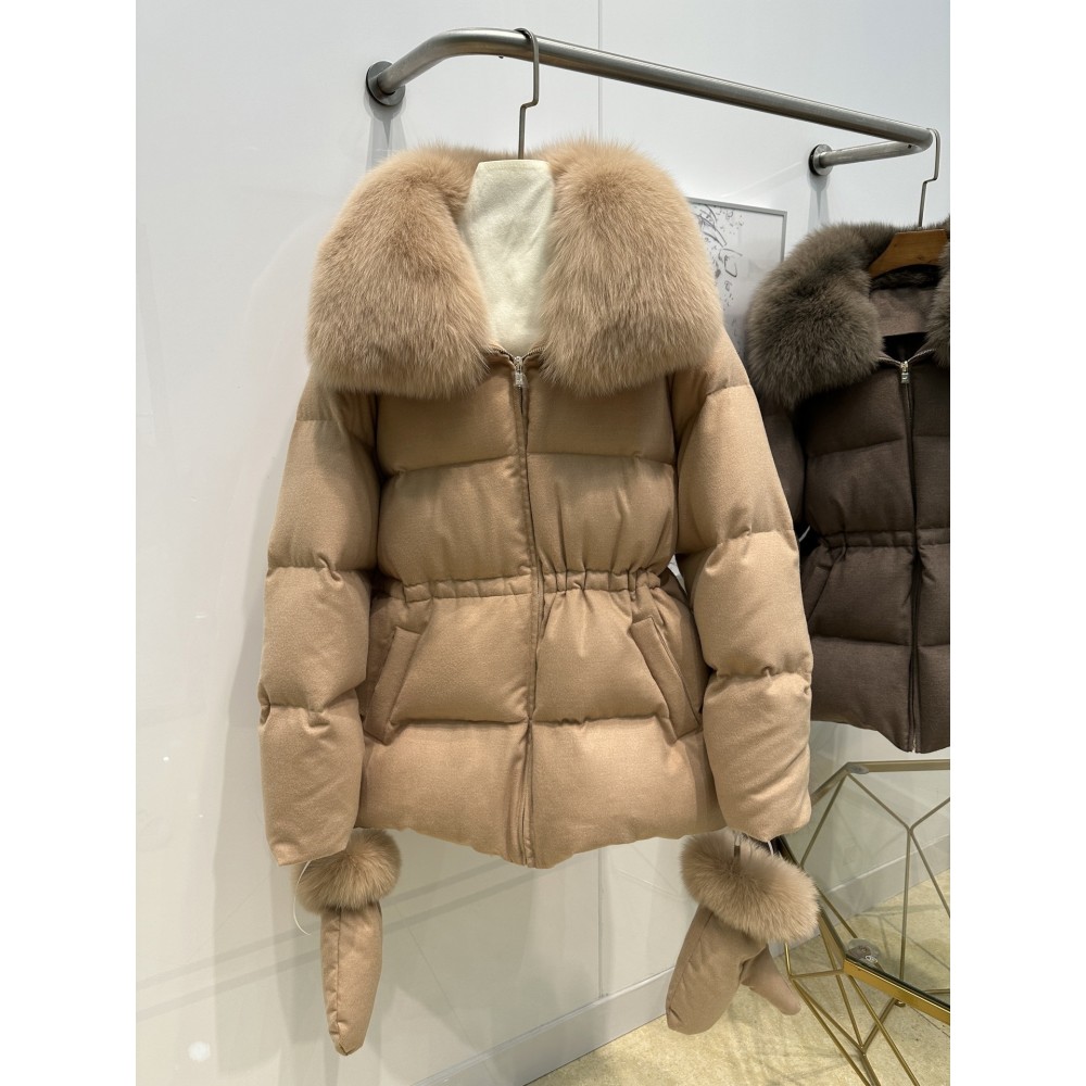 Luxe Wool Cashmere Goose Down Coat with Fox Fur Collar and Gloves