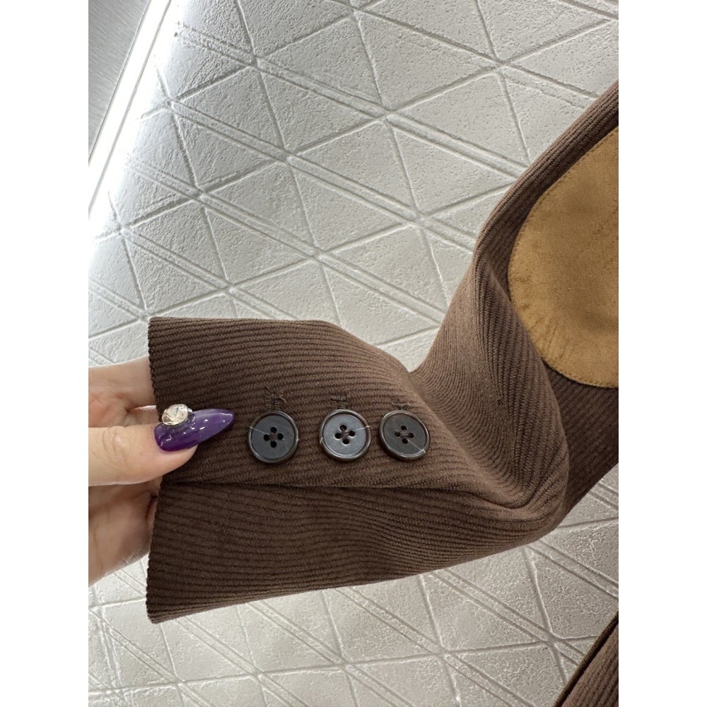 Maillard-Style Ribbed Trim Lapel Jacket with Suede Details