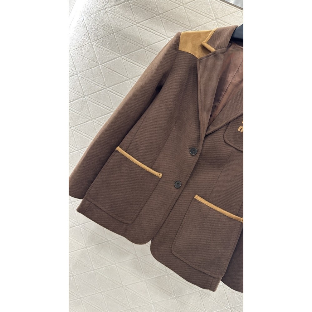 Maillard-Style Ribbed Trim Lapel Jacket with Suede Details
