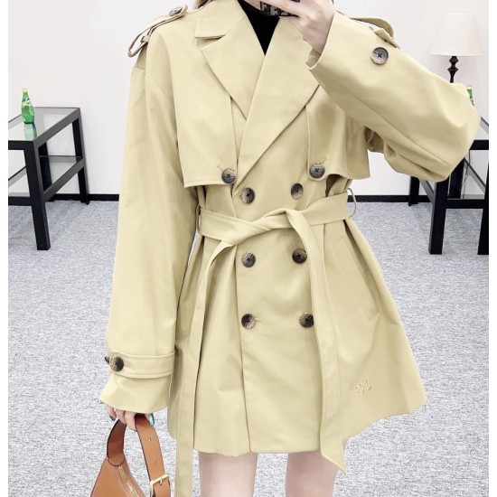 Belted Mid-Length Trench Coat with Lapel and Cape Collar