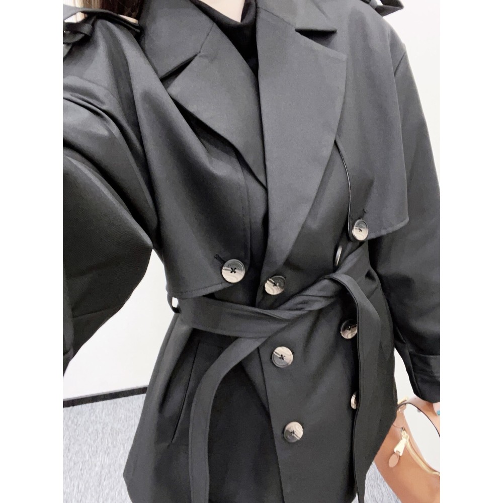Belted Mid-Length Trench Coat with Lapel and Cape Collar