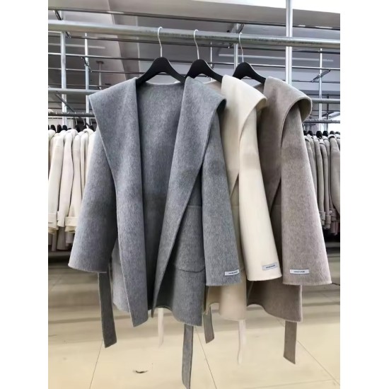 Casual Hooded Double-Sided Wool Coat | Women's Belted Bathrobe Style Overcoat