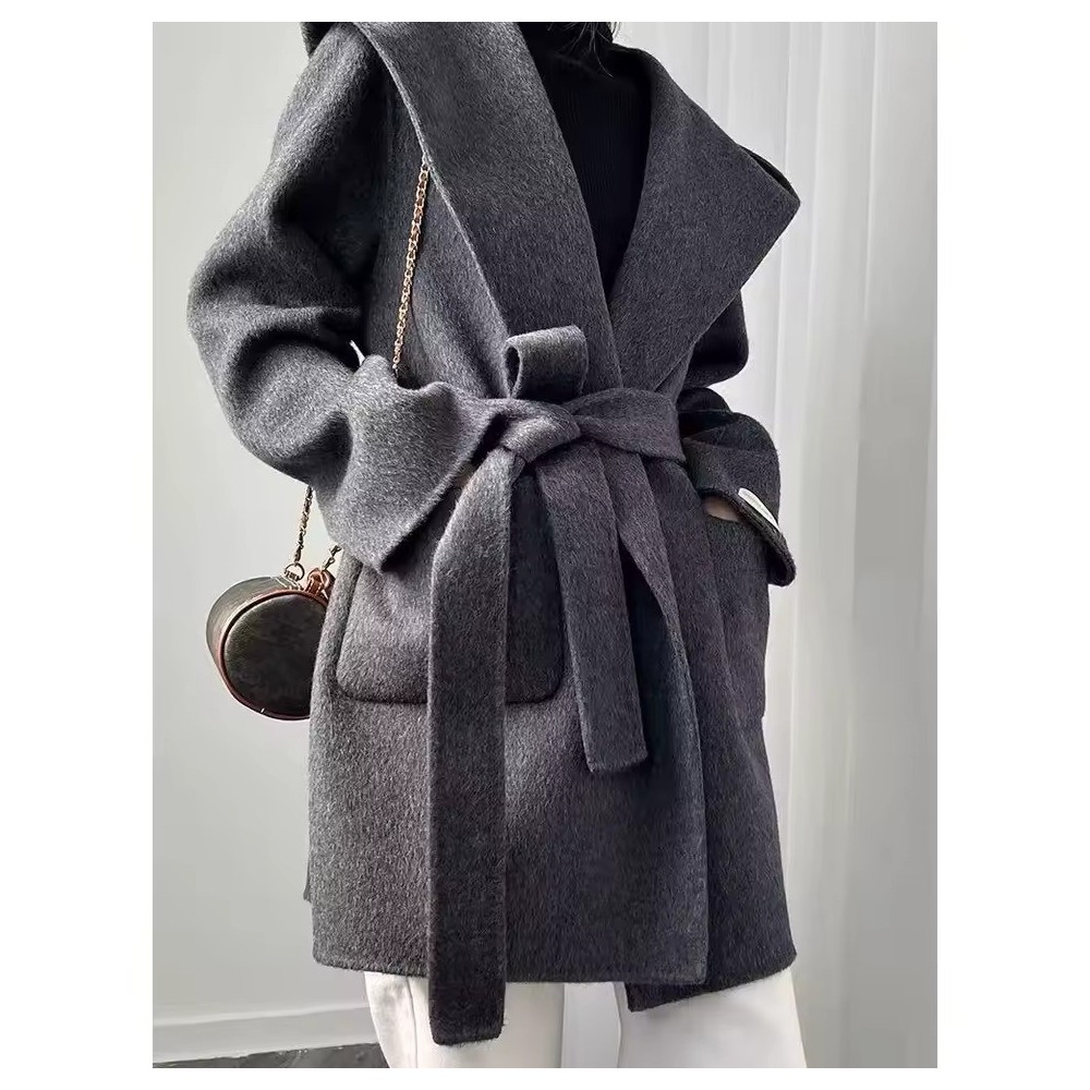 Casual Hooded Double-Sided Wool Coat | Women's Belted Bathrobe Style Overcoat