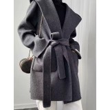 Casual Hooded Double-Sided Wool Coat | Women's Belted Bathrobe Style Overcoat