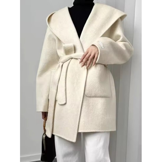 Casual Hooded Double-Sided Wool Coat | Women's Belted Bathrobe Style Overcoat