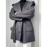 Casual Hooded Double-Sided Wool Coat | Women's Belted Bathrobe Style Overcoat