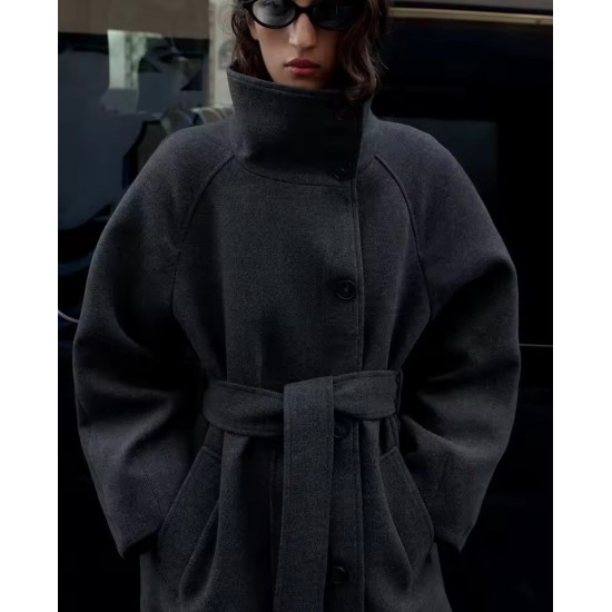 Women's Double-Breasted Stand Collar Coat | Belted Overcoat