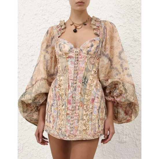Mini Abito a Fiori da Donna - Vestito Corto Elegante a Maniche Lunghe