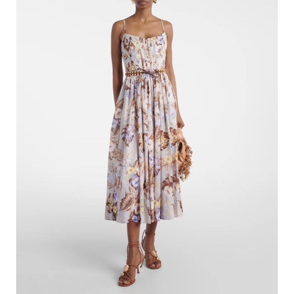 Abito Midi a Fiori in Cotone - Vestito Estivo con Corpetto a Corsetto