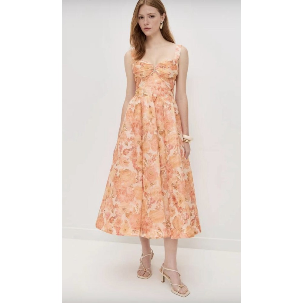 Floral Silk-Linen Organza Midi Dress - Elegant Drape Bustier Style