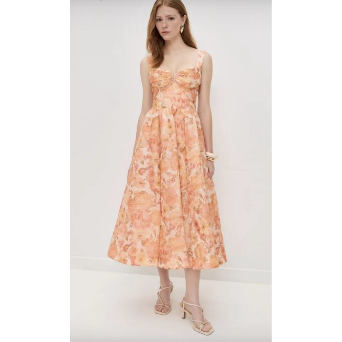 Abito Midi a Fiori in Organza di Seta e Lino - Vestito Elegante con Bustino
