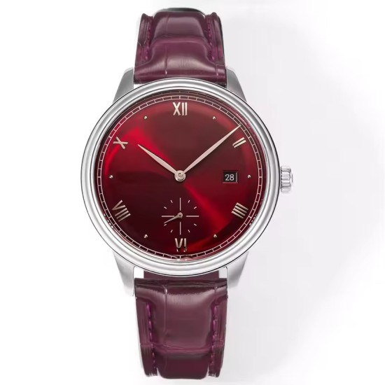 Men's Burgundy Dress Watch 41mm Stainless Steel with Leather Strap