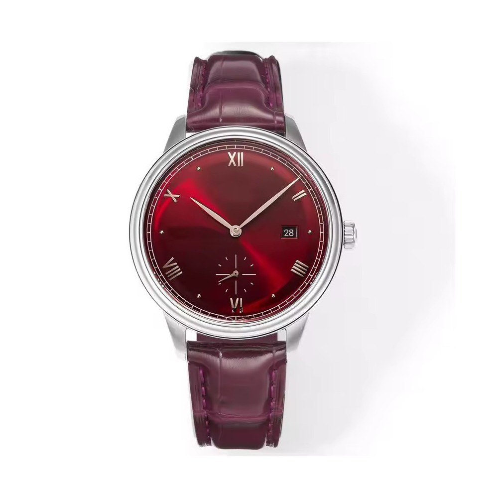 Men's Burgundy Dress Watch 41mm Stainless Steel with Leather Strap