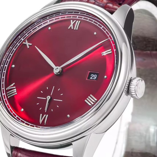 Men's Burgundy Dress Watch 41mm Stainless Steel with Leather Strap