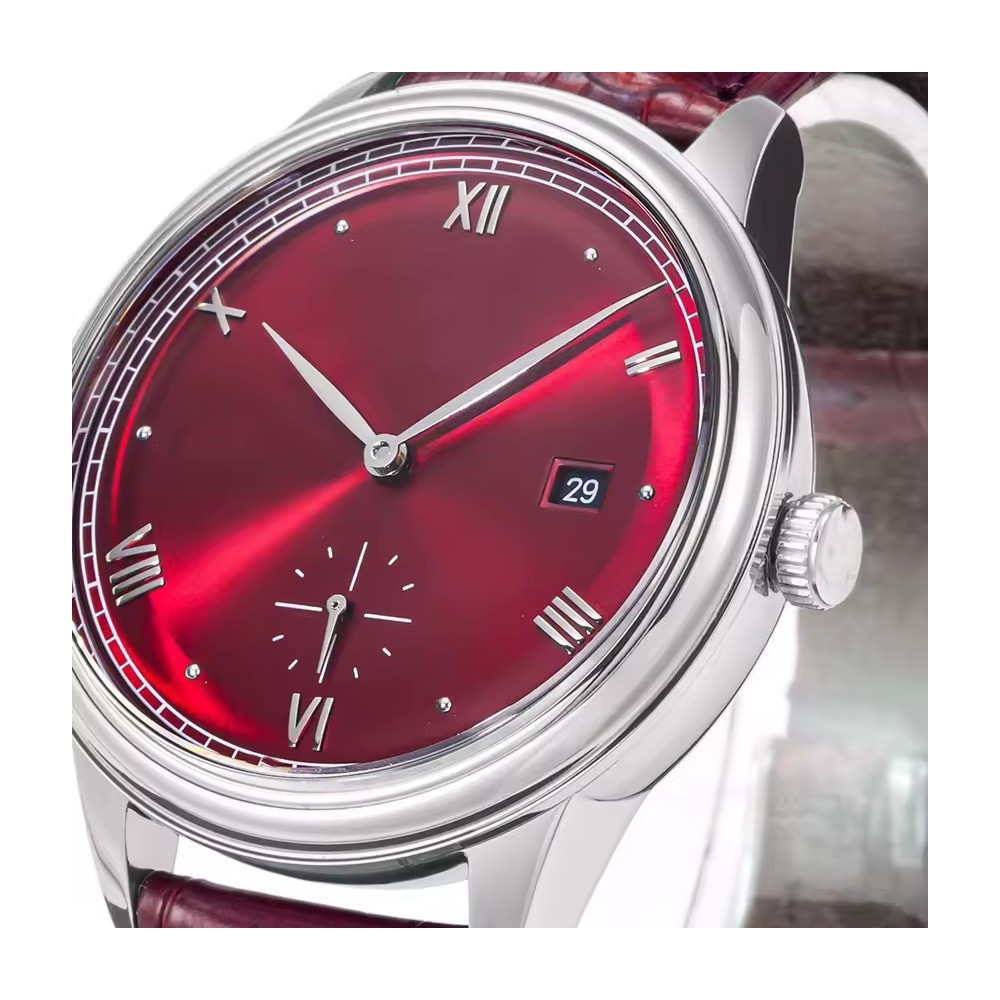Men's Burgundy Dress Watch 41mm Stainless Steel with Leather Strap