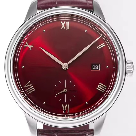 Men's Burgundy Dress Watch 41mm Stainless Steel with Leather Strap
