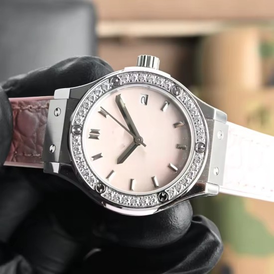 Women's 33mm Silver Dress Watch Pink Mother of Pearl Dial Crystal Bezel