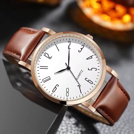 Men's Minimalist Quartz Watch - Rose Gold-Tone Slim Case with Brown Leather Strap