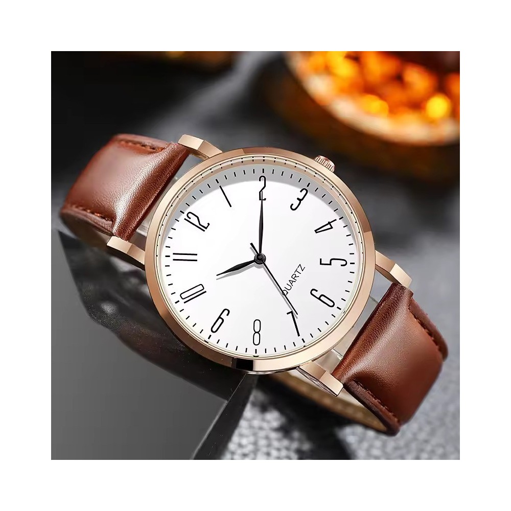 Men's Minimalist Quartz Watch - Rose Gold-Tone Slim Case with Brown Leather Strap