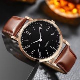 Men's Minimalist Quartz Watch - Rose Gold-Tone Slim Case with Brown Leather Strap