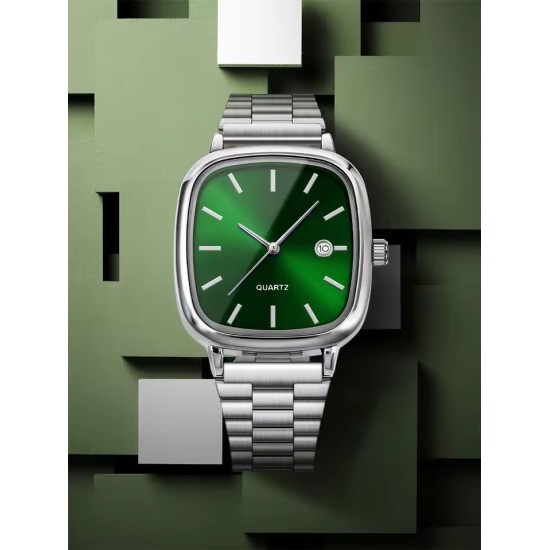 Orologio Uomo Cassa a Cuscino - Orologio al Quarzo Verde Sunburst in Acciaio