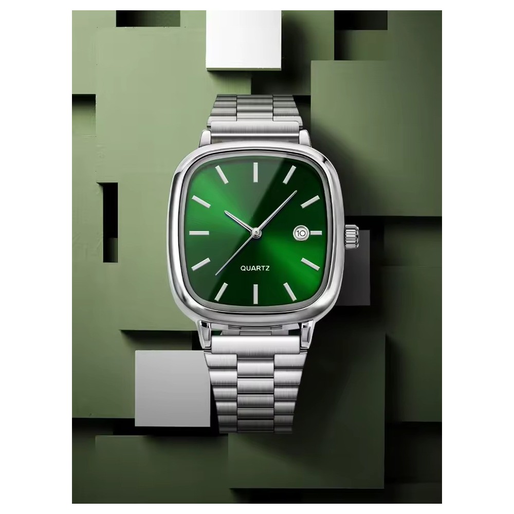 Men's Vintage Cushion Case Watch - Sunburst Green Dial Stainless Steel Quartz Watch