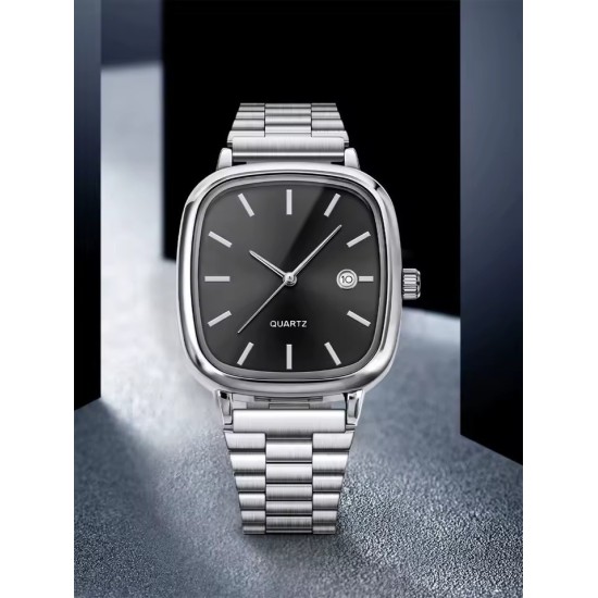 Men's Vintage Cushion Case Watch - Sunburst Green Dial Stainless Steel Quartz Watch