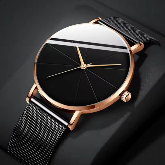 Minimalist Rose Gold Mesh Watch - Unisex Geometric Black Dial Quartz Watch