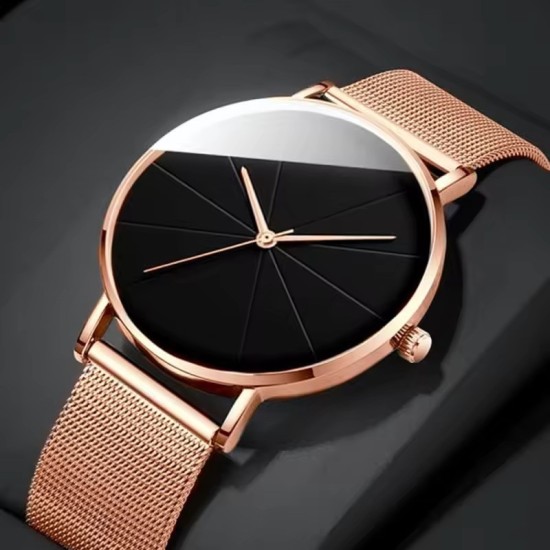 Orologio Minimalista Oro Rosa - Orologio al Quarzo con Quadrante Geometrico Nero