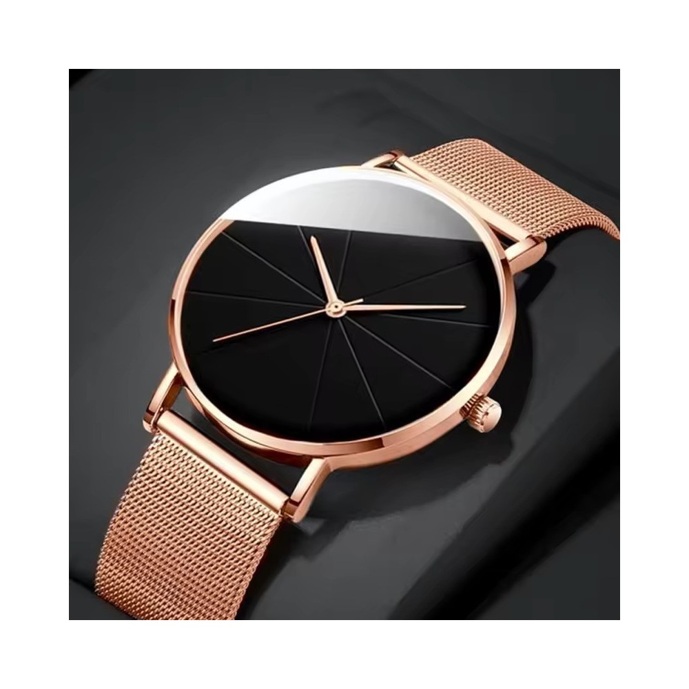 Orologio Minimalista Oro Rosa - Orologio al Quarzo con Quadrante Geometrico Nero