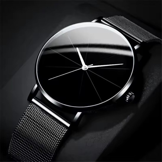 Minimalist Rose Gold Mesh Watch - Unisex Geometric Black Dial Quartz Watch