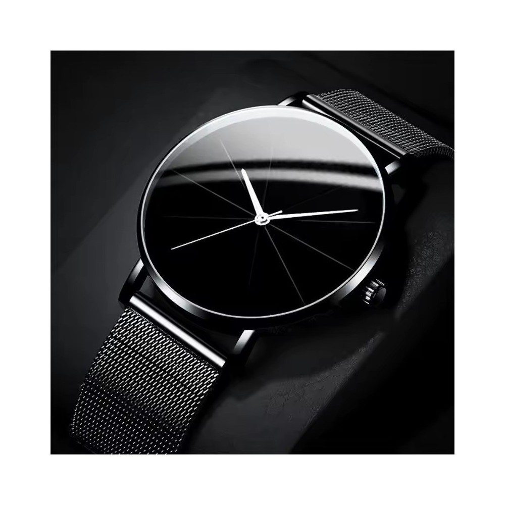 Minimalist Rose Gold Mesh Watch - Unisex Geometric Black Dial Quartz Watch
