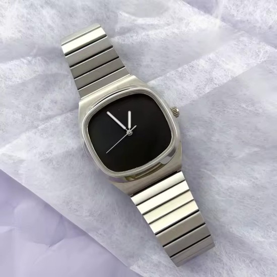 Orologio Minimalista Cassa a Cuscino - Orologio Acciaio con Quadrante Nero Sterile