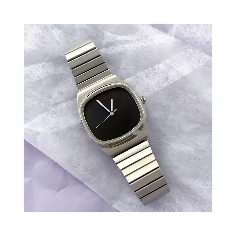 Unisex Minimalist Cushion Case Watch - Sterile Black Dial Stainless Steel Watch