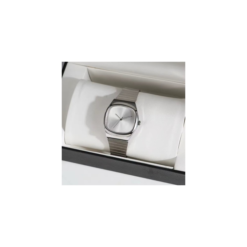 Orologio Minimalista Cassa a Cuscino - Orologio Acciaio con Quadrante Nero Sterile