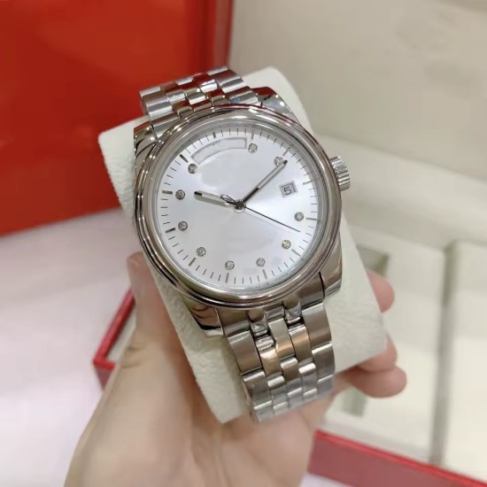 Unisex Stainless Steel Day-Date Watch - Luxury Silver Dial Watch with Crystal Markers