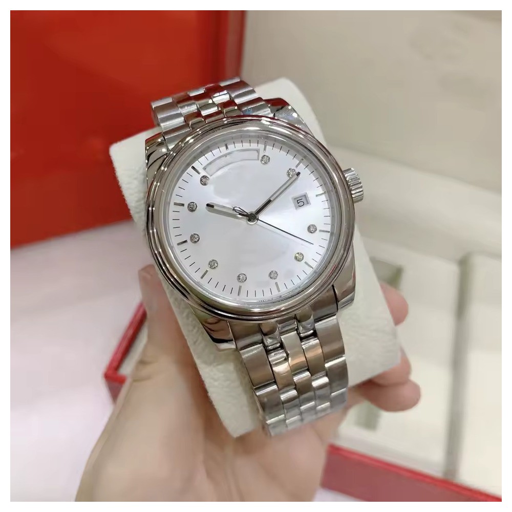 Unisex Stainless Steel Day-Date Watch - Luxury Silver Dial Watch with Crystal Markers