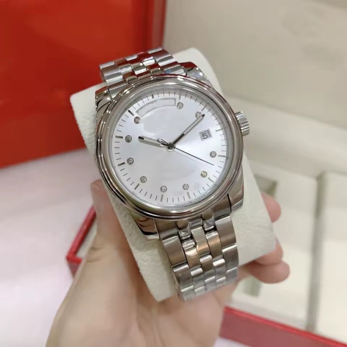 Unisex Stainless Steel Day-Date Watch - Luxury Silver Dial Watch with Crystal Markers